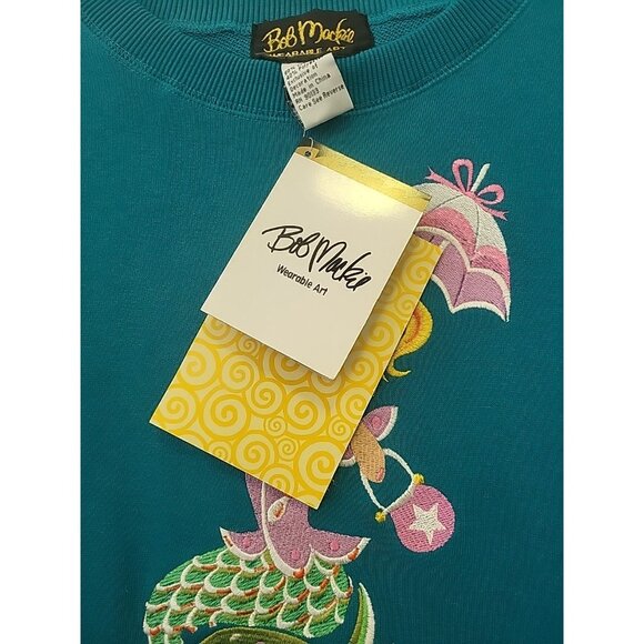 Bob Mackie Sweatshirt Top Crew Neck Embroidered Mermaid Parasol Teal 2X NWT - Picture 3 of 9